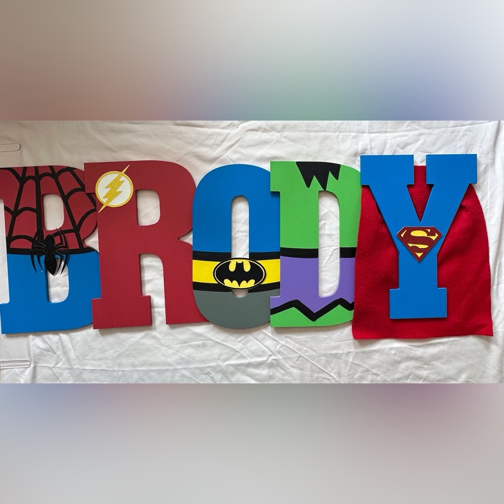 Multiple Superhero‎ Hand Painted Wood Letters Spelling The Name BRODY